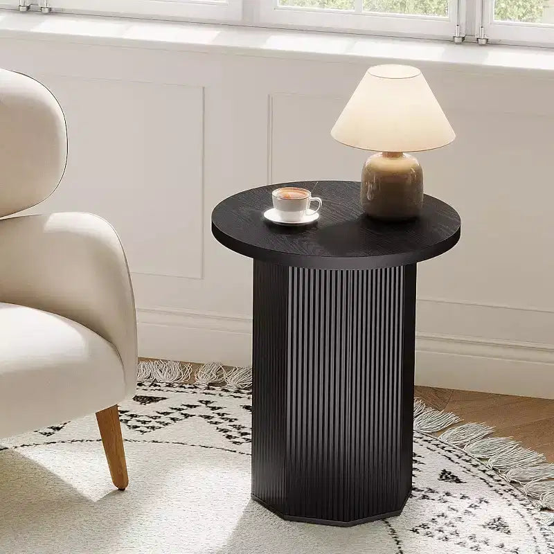 Lantine Round End Table, Farmhouse Pedestal Side Table, Fluted Wooden Nightstand Drink Stand for Living Room, Bedroom,Black