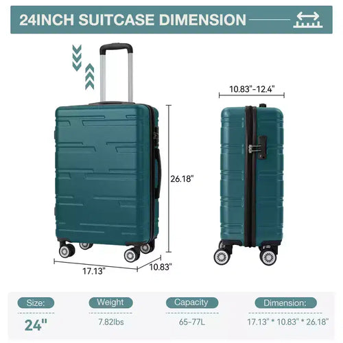 Valise cabine rigide extensible de 24 pouces avec roues pivotantes, valise cabine rigide avec serrure TSA, valise rigide légère