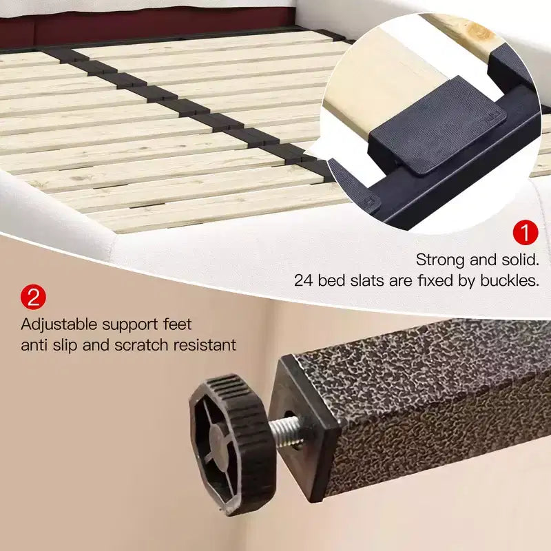 Whisen King Size Upholstered Platform Bed, Metal & Solid Wood Bed Frame with Special Shaped Velvet Headboard
