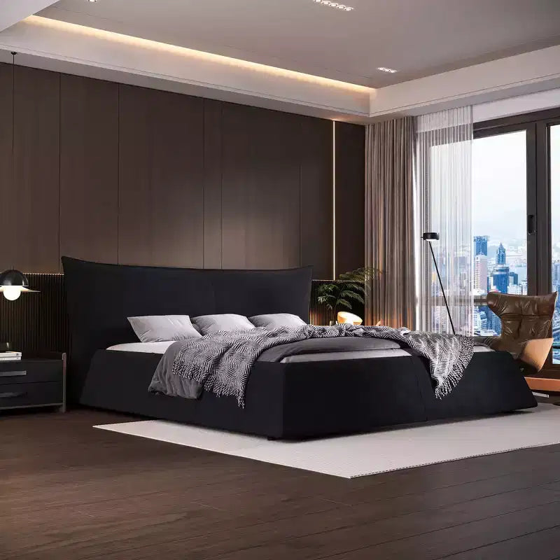Whisen King Size Upholstered Platform Bed, Metal & Solid Wood Bed Frame with Special Shaped Velvet Headboard
