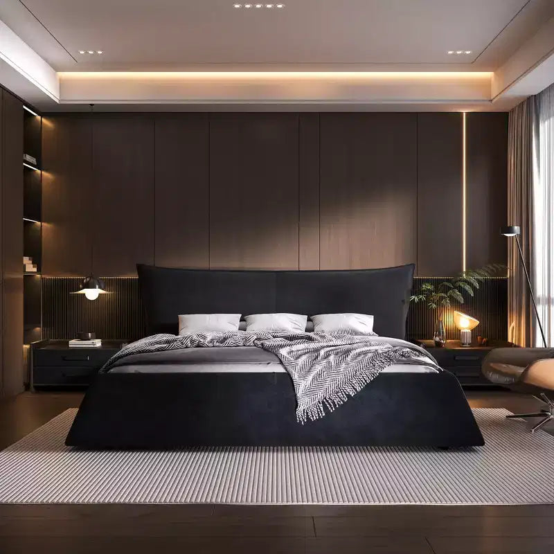 Whisen King Size Upholstered Platform Bed, Metal & Solid Wood Bed Frame with Special Shaped Velvet Headboard