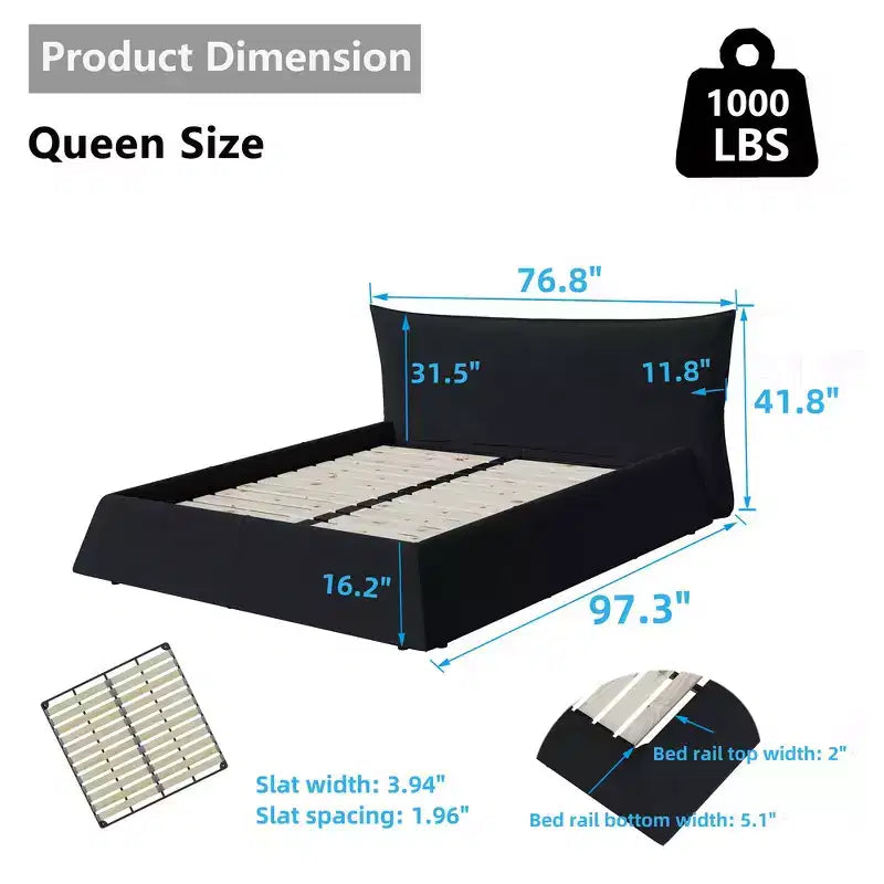 Whisen King Size Upholstered Platform Bed, Metal & Solid Wood Bed Frame with Special Shaped Velvet Headboard