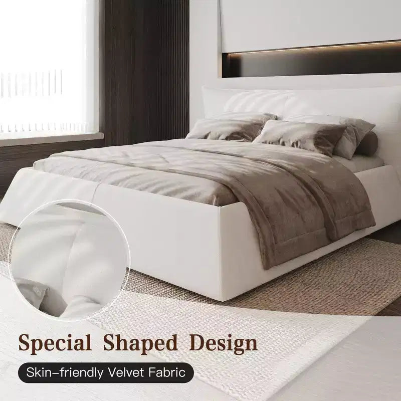 Whisen King Size Upholstered Platform Bed, Metal & Solid Wood Bed Frame with Special Shaped Velvet Headboard