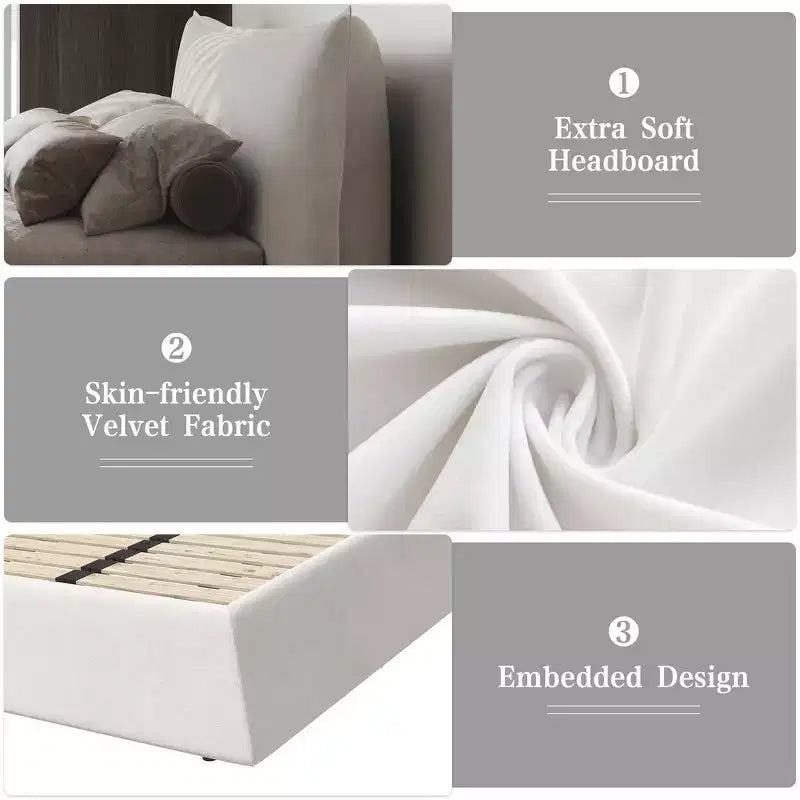 Whisen King Size Upholstered Platform Bed, Metal & Solid Wood Bed Frame with Special Shaped Velvet Headboard