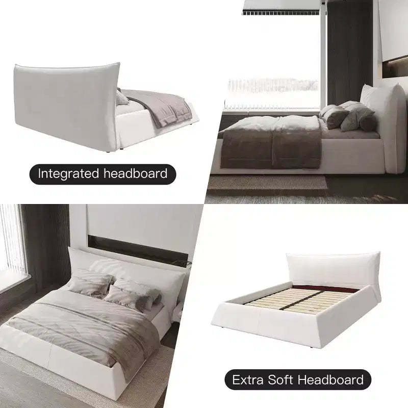Whisen King Size Upholstered Platform Bed, Metal & Solid Wood Bed Frame with Special Shaped Velvet Headboard