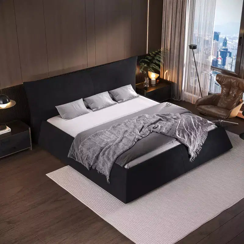 Whisen King Size Upholstered Platform Bed, Metal & Solid Wood Bed Frame with Special Shaped Velvet Headboard