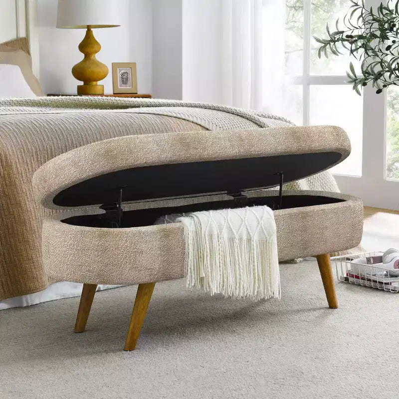 TUYOHW 43.5 Oval Fabric Storage Ottoman Bench,Upholstered Storage Bench with Rubber Wood Legs,Footrest Ottoman for Living Room,Bedroom,Entryway