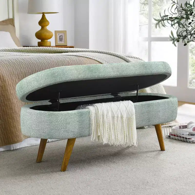 TUYOHW 43.5 Oval Fabric Storage Ottoman Bench,Upholstered Storage Bench with Rubber Wood Legs,Footrest Ottoman for Living Room,Bedroom,Entryway