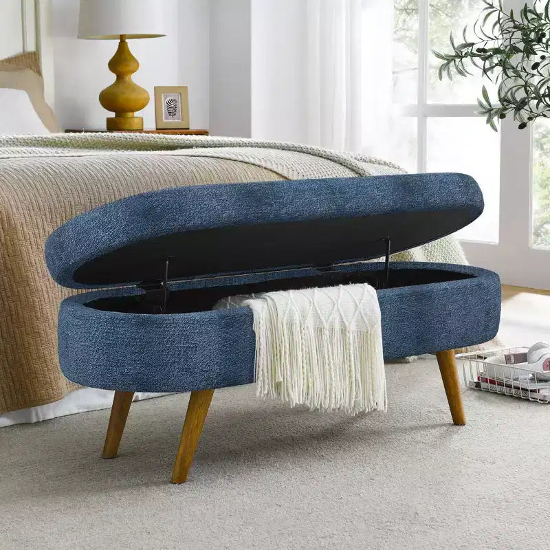 TUYOHW 43.5 Oval Fabric Storage Ottoman Bench,Upholstered Storage Bench with Rubber Wood Legs,Footrest Ottoman for Living Room,Bedroom,Entryway
