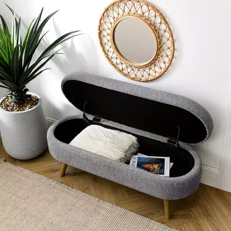TUYOHW 43.5 Oval Fabric Storage Ottoman Bench,Upholstered Storage Bench with Rubber Wood Legs,Footrest Ottoman for Living Room,Bedroom,Entryway