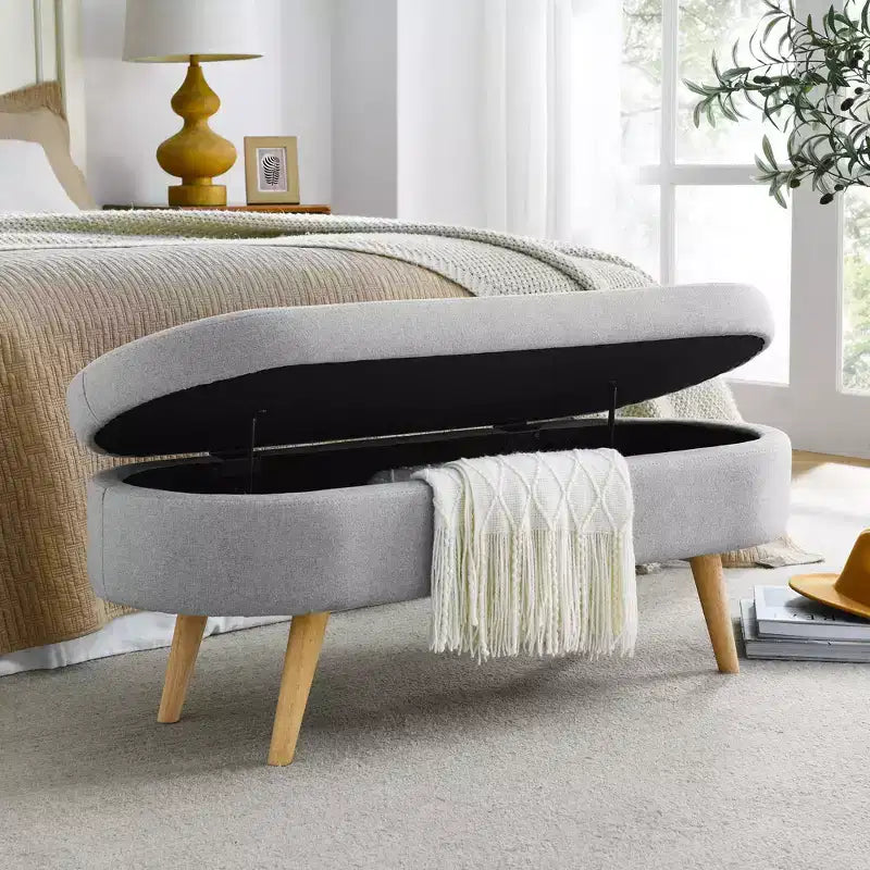 TUYOHW 43.5 Oval Fabric Storage Ottoman Bench,Upholstered Storage Bench with Rubber Wood Legs,Footrest Ottoman for Living Room,Bedroom,Entryway