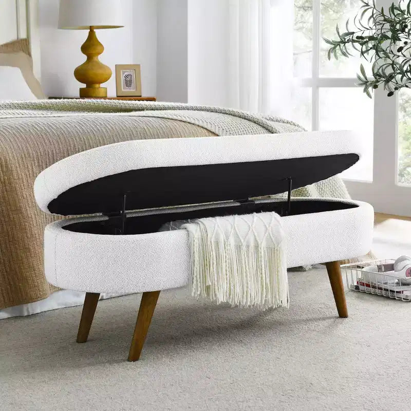 TUYOHW 43.5 Oval Fabric Storage Ottoman Bench,Upholstered Storage Bench with Rubber Wood Legs,Footrest Ottoman for Living Room,Bedroom,Entryway