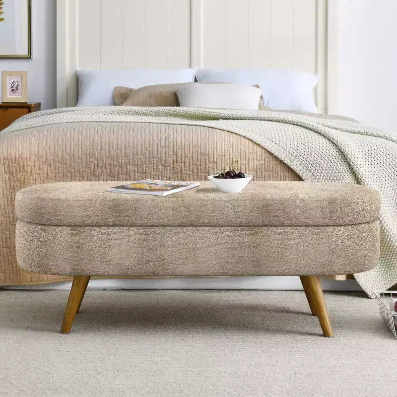 TUYOHW 43.5 Oval Fabric Storage Ottoman Bench,Upholstered Storage Bench with Rubber Wood Legs,Footrest Ottoman for Living Room,Bedroom,Entryway