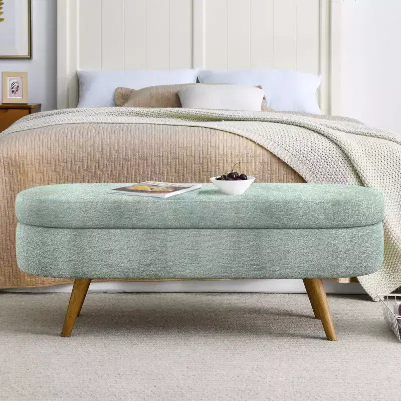 TUYOHW 43.5 Oval Fabric Storage Ottoman Bench,Upholstered Storage Bench with Rubber Wood Legs,Footrest Ottoman for Living Room,Bedroom,Entryway
