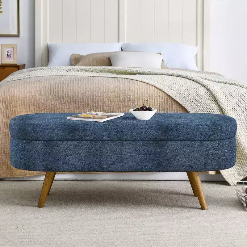 TUYOHW 43.5 Oval Fabric Storage Ottoman Bench,Upholstered Storage Bench with Rubber Wood Legs,Footrest Ottoman for Living Room,Bedroom,Entryway