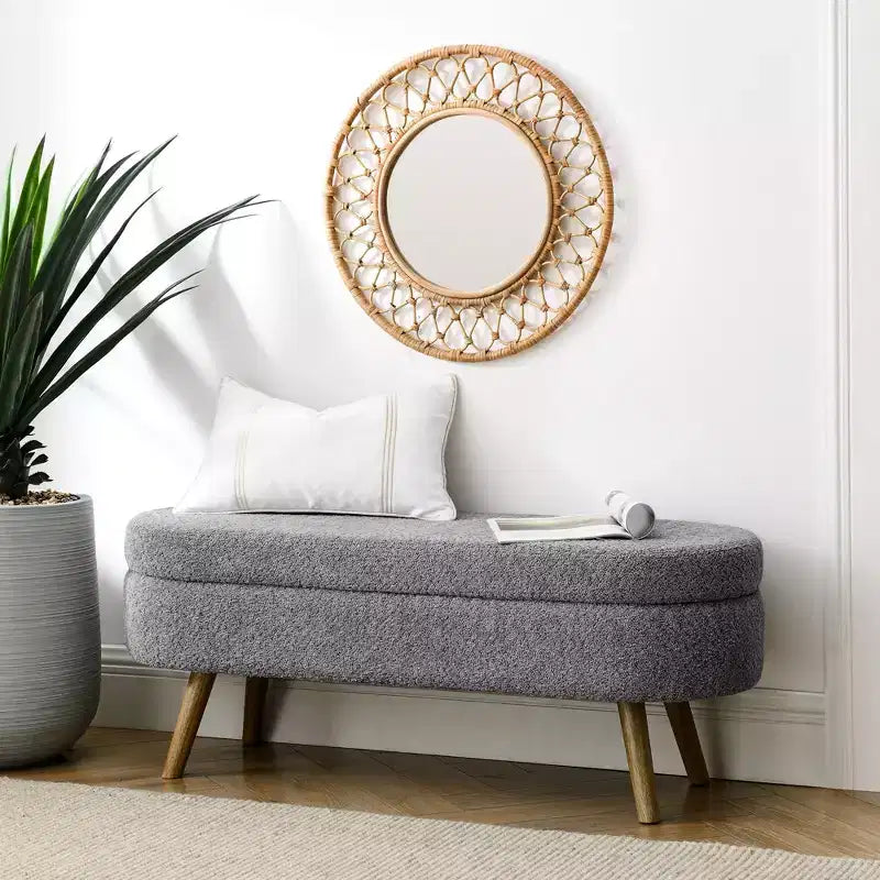 TUYOHW 43.5 Oval Fabric Storage Ottoman Bench,Upholstered Storage Bench with Rubber Wood Legs,Footrest Ottoman for Living Room,Bedroom,Entryway