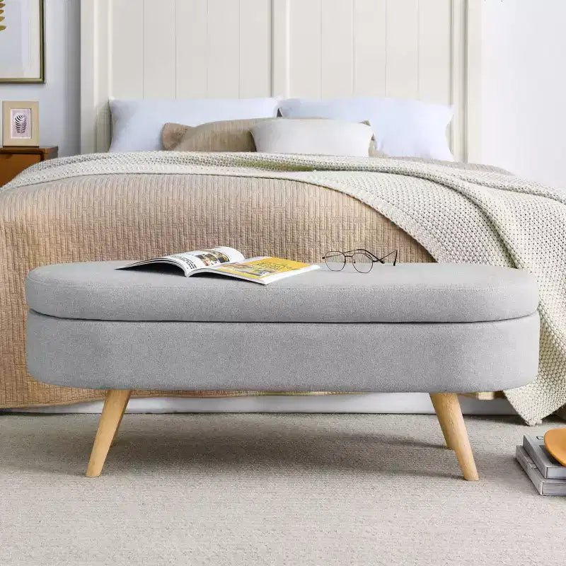 TUYOHW 43.5 Oval Fabric Storage Ottoman Bench,Upholstered Storage Bench with Rubber Wood Legs,Footrest Ottoman for Living Room,Bedroom,Entryway