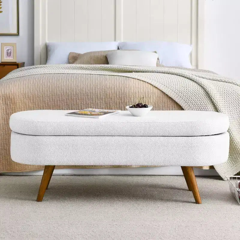 TUYOHW 43.5 Oval Fabric Storage Ottoman Bench,Upholstered Storage Bench with Rubber Wood Legs,Footrest Ottoman for Living Room,Bedroom,Entryway