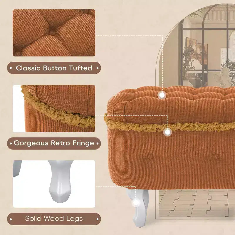 TUYOHW 29.5 Upholstered Storage Bench,Fabric Footboard Bench with Button Tufted and Fringe,Lift Top,End of Bed Bench for Bedroom,Living Room