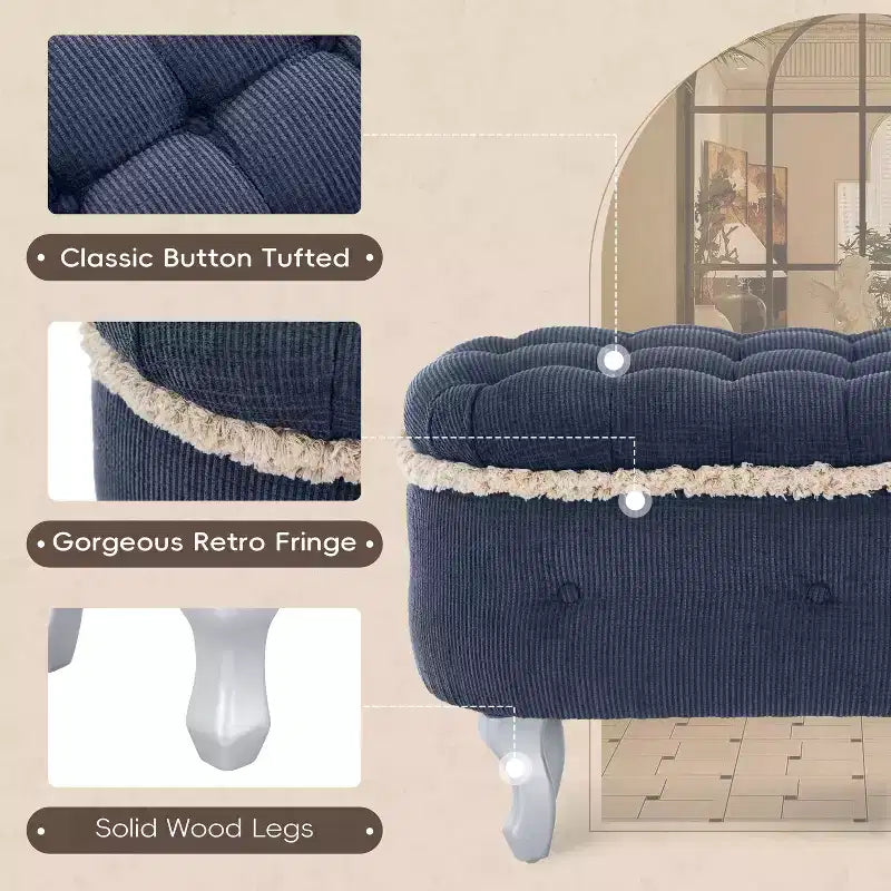 TUYOHW 29.5 Upholstered Storage Bench,Fabric Footboard Bench with Button Tufted and Fringe,Lift Top,End of Bed Bench for Bedroom,Living Room