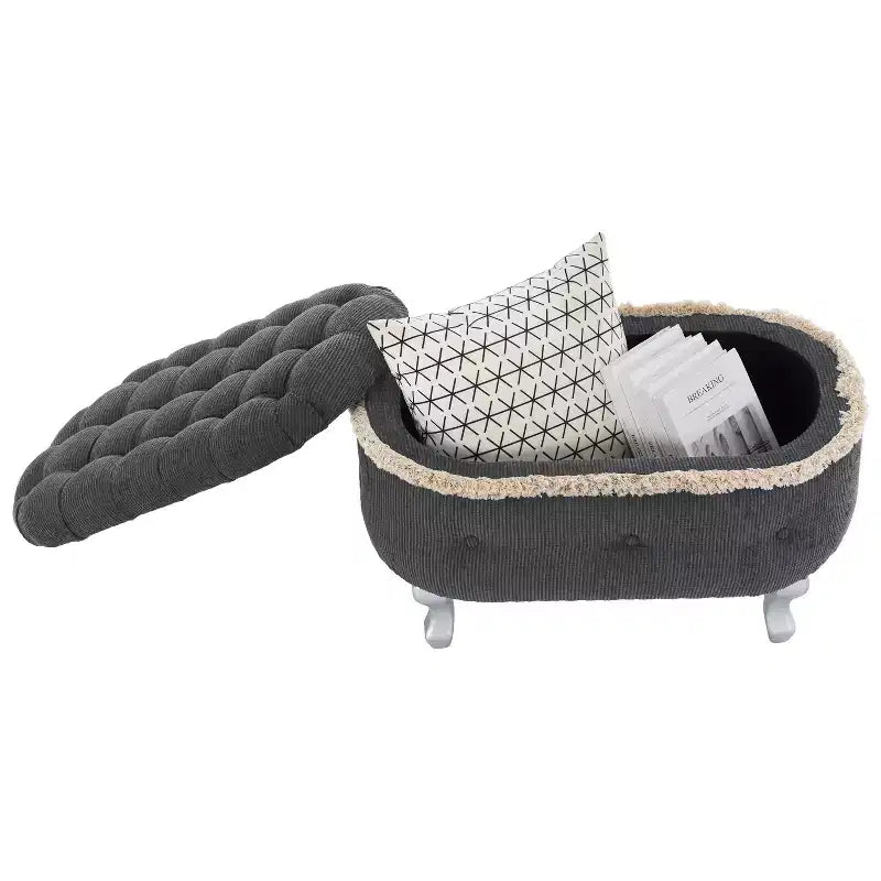 TUYOHW 29.5 Upholstered Storage Bench,Fabric Footboard Bench with Button Tufted and Fringe,Lift Top,End of Bed Bench for Bedroom,Living Room