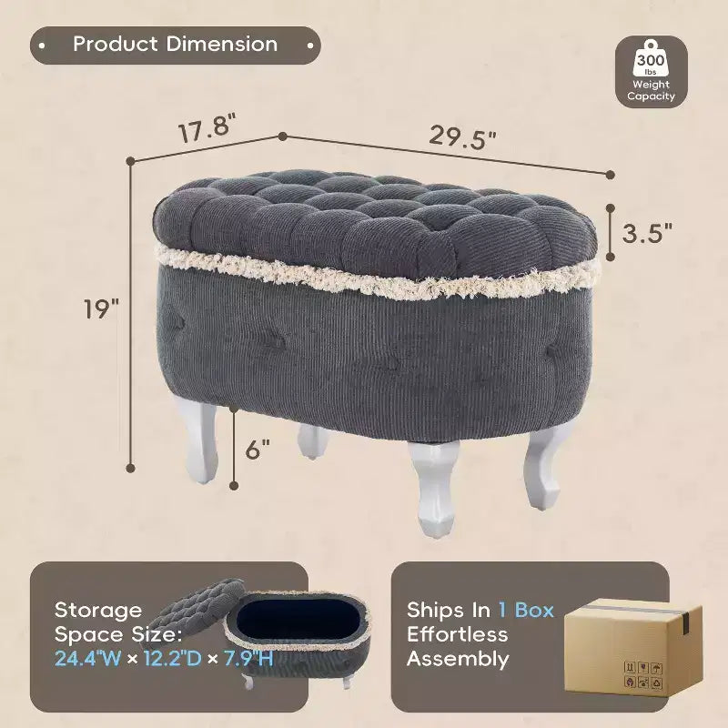 TUYOHW 29.5 Upholstered Storage Bench,Fabric Footboard Bench with Button Tufted and Fringe,Lift Top,End of Bed Bench for Bedroom,Living Room