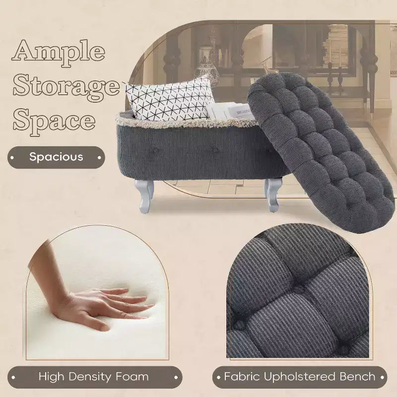 TUYOHW 29.5 Upholstered Storage Bench,Fabric Footboard Bench with Button Tufted and Fringe,Lift Top,End of Bed Bench for Bedroom,Living Room