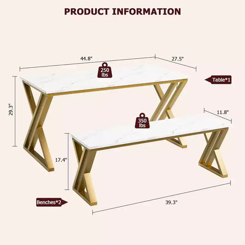 4-Person Dining Set: Rectangular Faux Marble Tabletop & 2 Benches with Metal Frame - Space-Saving for Kitchen, Dining Room & Apartment.