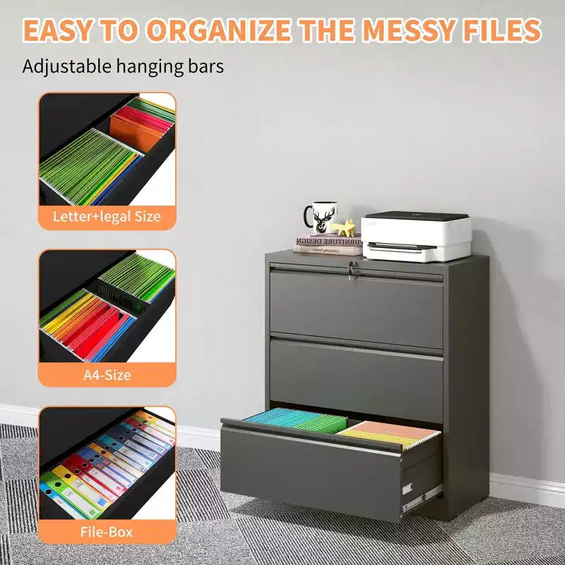 VIYET 40H Lockable Lateral File Cabinet - Heavy-Duty Metal for Home Office, Silent Full-Extension Slides, Anti-Tilt, Fits Letter/Legal/A4/F4