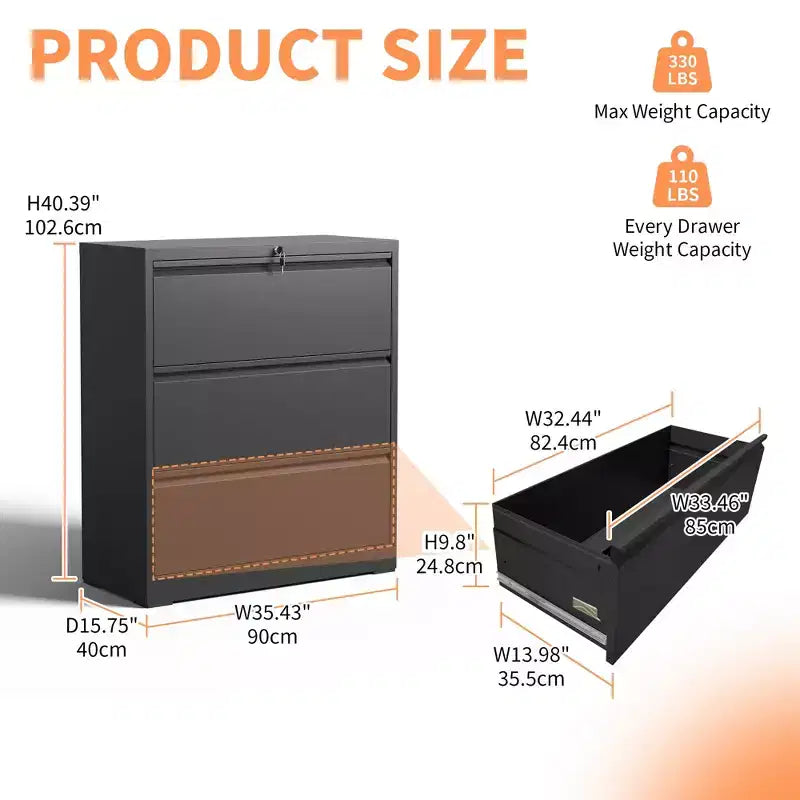 VIYET 40H Lockable Lateral File Cabinet - Heavy-Duty Metal for Home Office, Silent Full-Extension Slides, Anti-Tilt, Fits Letter/Legal/A4/F4