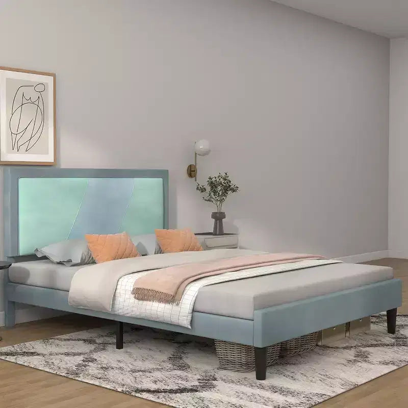 Full Size Heavy Duty Bed Frame with Steel Slats, Adjustable Height Headboard, No Box Spring Needed Easy Assembly,beige