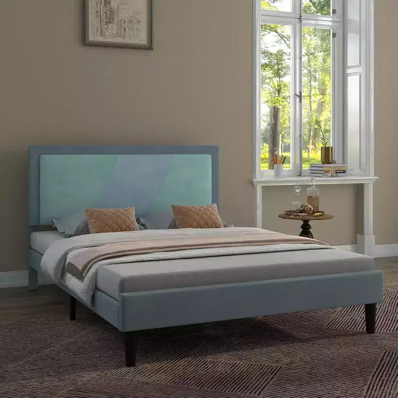 Full Size Heavy Duty Bed Frame with Steel Slats, Adjustable Height Headboard, No Box Spring Needed Easy Assembly,beige