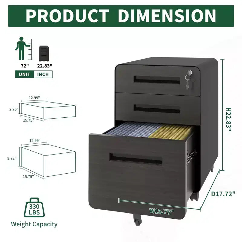 VIYET 23H Mobile File Cabinet with Lock - All-Steel Fully Assembled, Anti-Tip Design & Locking Casters, Fits A4/Letter, for Home/Office (Black)