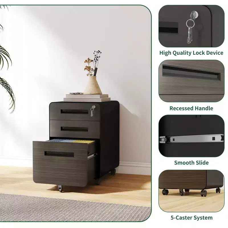VIYET 23H Mobile File Cabinet with Lock - All-Steel Fully Assembled, Anti-Tip Design & Locking Casters, Fits A4/Letter, for Home/Office (Black)