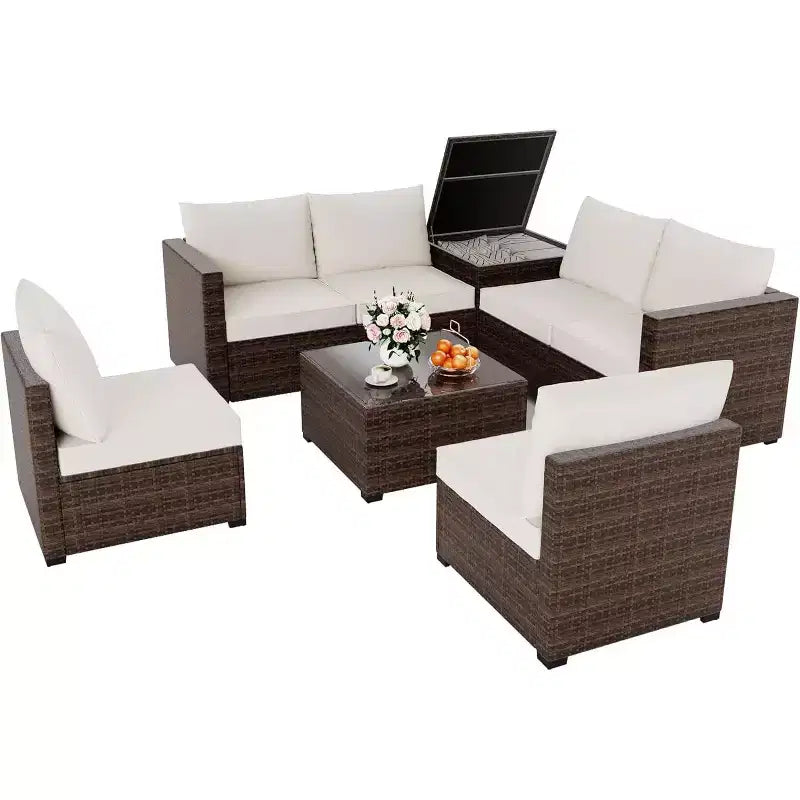 COZONY 8 Piece Outdoor Patio Set, PE Rattan Conversation Sofa Glass Table Storage Box Bistro Set for Pool Lawn