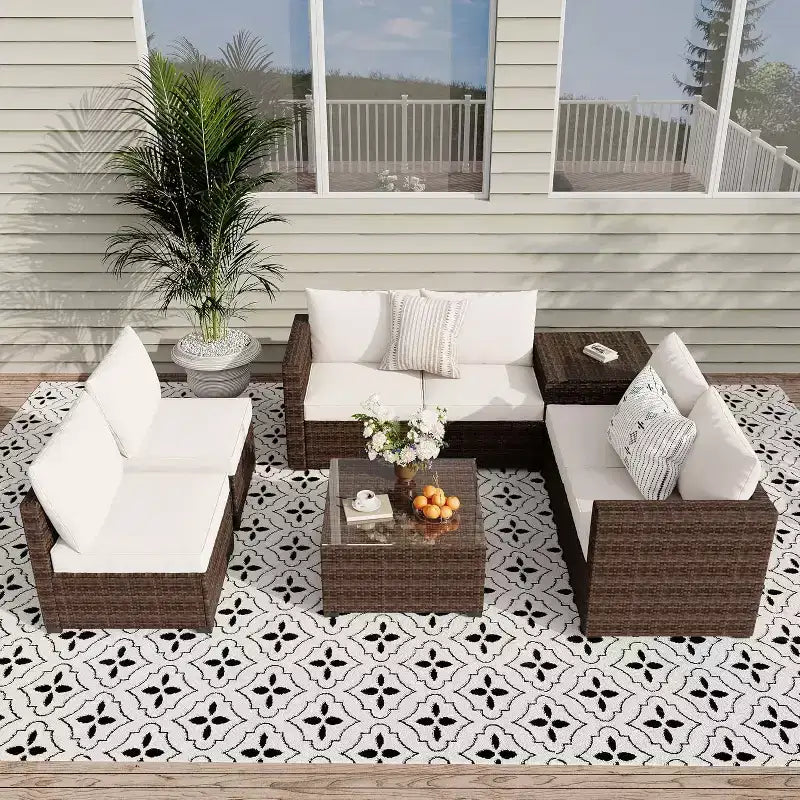 COZONY 8 Piece Outdoor Patio Set, PE Rattan Conversation Sofa Glass Table Storage Box Bistro Set for Pool Lawn