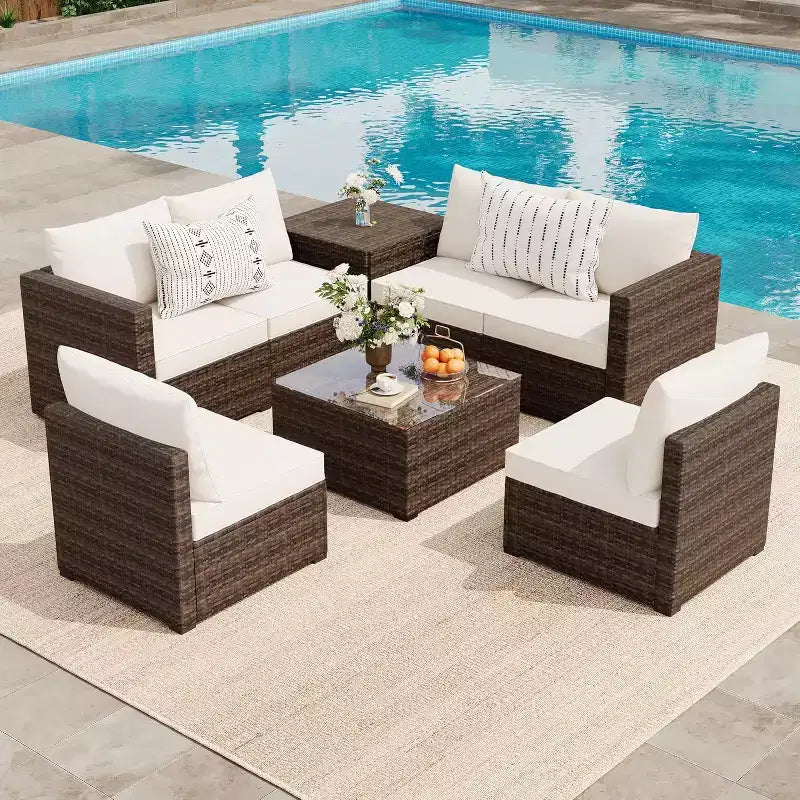 COZONY 8 Piece Outdoor Patio Set, PE Rattan Conversation Sofa Glass Table Storage Box Bistro Set for Pool Lawn