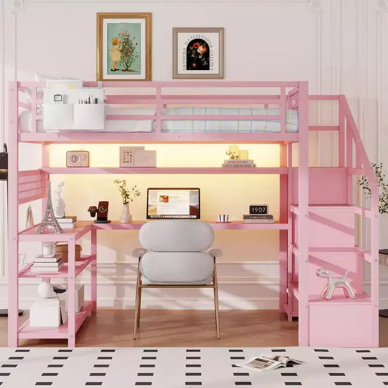 TUYOHW Full Size Loft Bed with Storage Staircase & Wardrobe,Metal Loft Bed with Desk,Storage Shelves,Charge Station,LED Lights for Teens & Adults