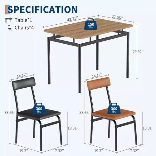 Acekool - Ensemble table de salle à manger 5 pièces, table à grain de bois brun, peu encombrant, pour cuisine