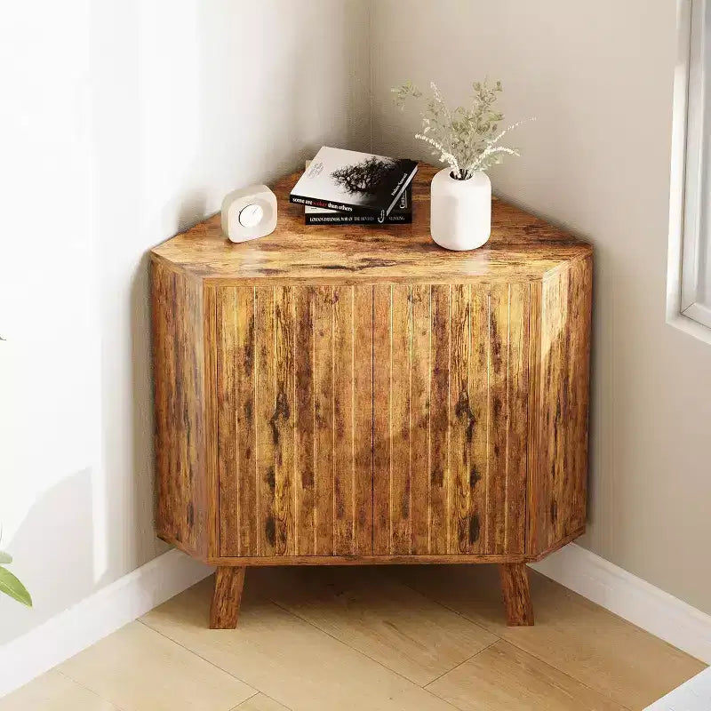3-Tier Farmhouse Corner Storage Cabinet with Adjustable Shelf, Wooden Corner Table with Doors & Triangle End Table for Living Room & Kitchen