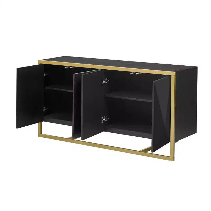 Sideboard Buffet Cabinet, Wood Kitchen Coffee Bar Buffet Cupboard Cabinet, Storage Console Table With 4 Doors And Unique Metal Legs