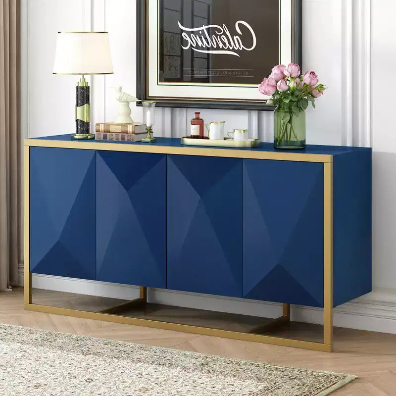 Sideboard Buffet Cabinet, Wood Kitchen Coffee Bar Buffet Cupboard Cabinet, Storage Console Table With 4 Doors And Unique Metal Legs