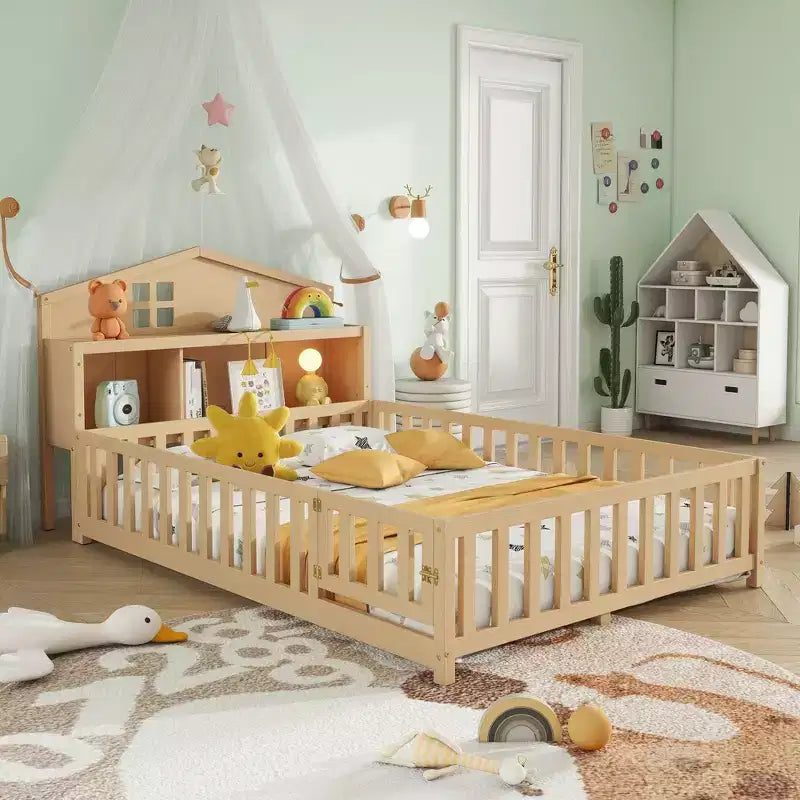 Bellemave Full Montessori Floor Bed with Bookcase & Chalkboard, Solid Wood Platform Bed with Guardrails and Storage Headboard for Kids & Teens