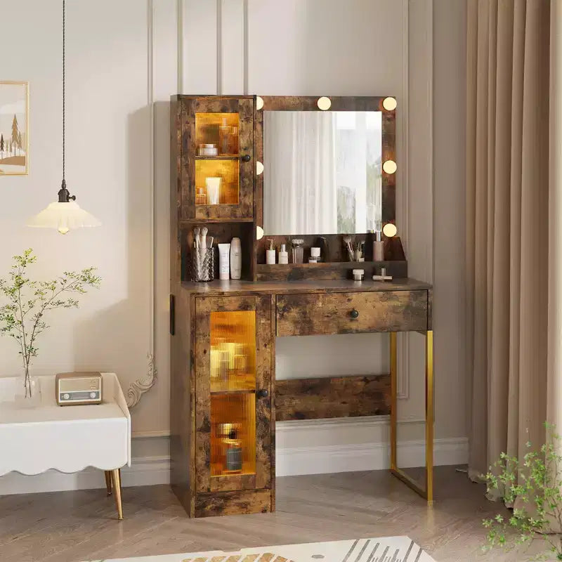 Makeup Vanity Desk with Mirror and Lights, Vanity Table with Charging Station, Wood Dressing Table for Bedroom for Girls