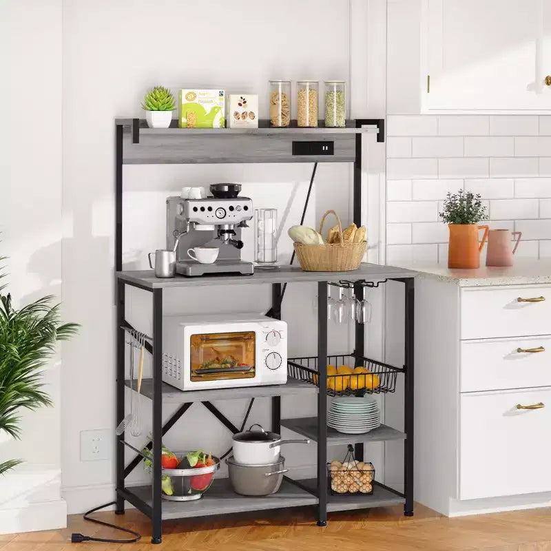 Celebalcony Bakers Rack with Power Outlet, 34.7 Open Storage Shelves with Wire Basket, Kitchen Microwave Stand with 6 S-Shaped Hooks