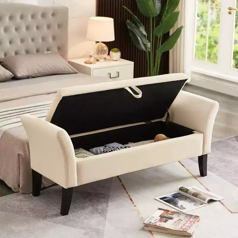 51.5 upholstered storage bench with button-tufted seat & safety hinge, luxury shoe bench for entryway, bedroom, or end of bed, beige.