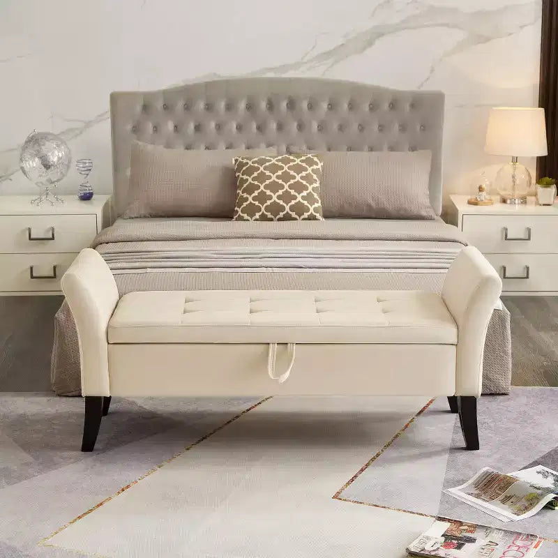 51.5 upholstered storage bench with button-tufted seat & safety hinge, luxury shoe bench for entryway, bedroom, or end of bed, beige.