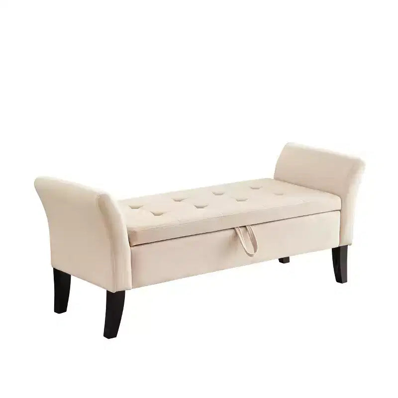 51.5 upholstered storage bench with button-tufted seat & safety hinge, luxury shoe bench for entryway, bedroom, or end of bed, beige.