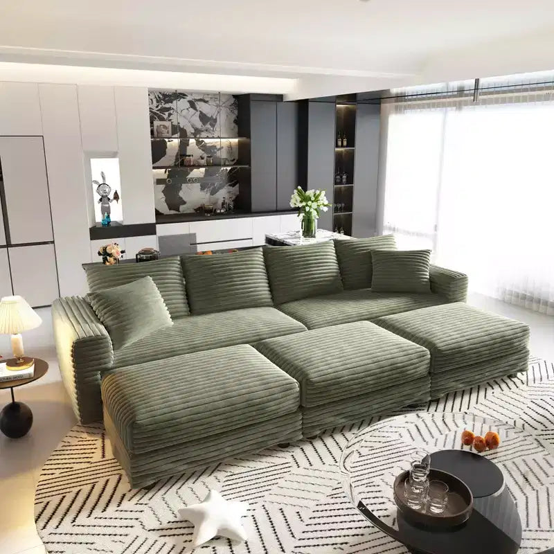 MAYEERTY 102.4 Plush Corduroy 4 Seat Sofa with Soft Pillows 3 Ottoman, Convertible Deep Seat Sofa Lunge Chair Green