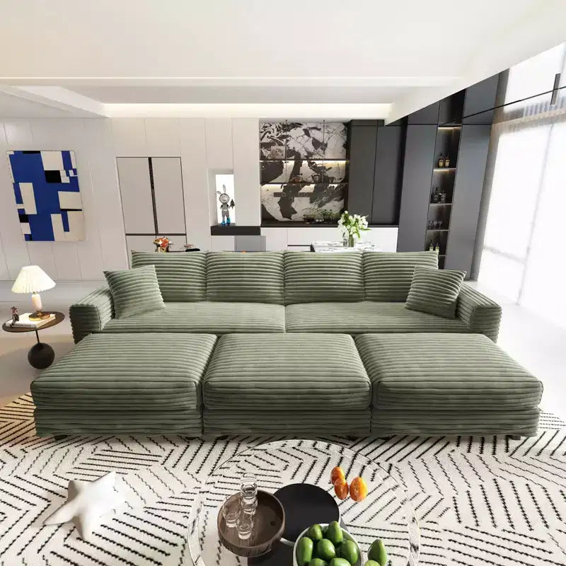 MAYEERTY 102.4 Plush Corduroy 4 Seat Sofa with Soft Pillows 3 Ottoman, Convertible Deep Seat Sofa Lunge Chair Green